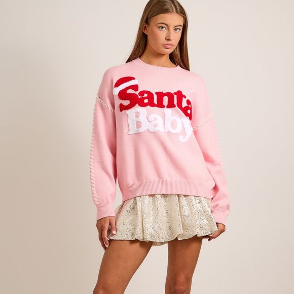 Premium Boutique SANTA BABY Pink Christmas Holiday Knit Sweater Puff Design NEW - Picture 3 of 11